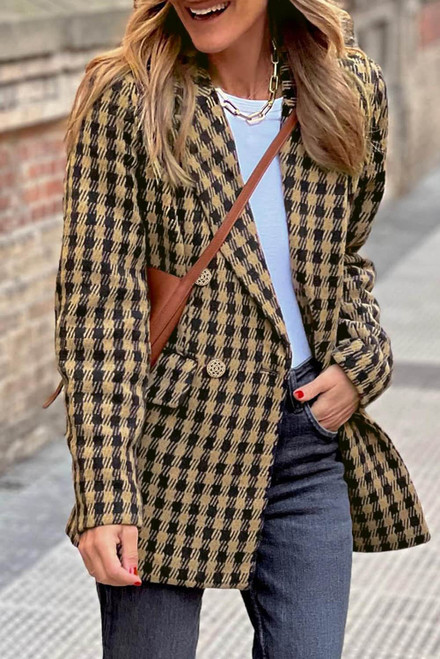 Brown Tweed Houndstooth Plaid Pattern Double Breasted Blazer