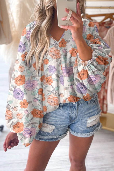 Multicolour Floral Print V Neck Puffy Lantern Sleeve Blouse