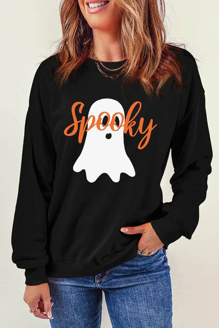 Black Halloween Spooky Ghost Print Crewneck Pullover Sweatshirt Black Halloween Spooky Ghost Print Crewneck Pullover Sweatshirt