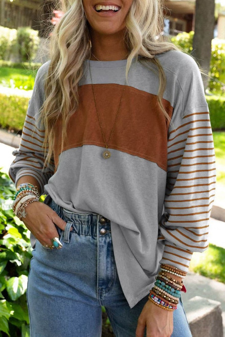Gray Colorblock Striped Bishop Sleeve Top Gray Colorblock Striped Bishop Sleeve Top