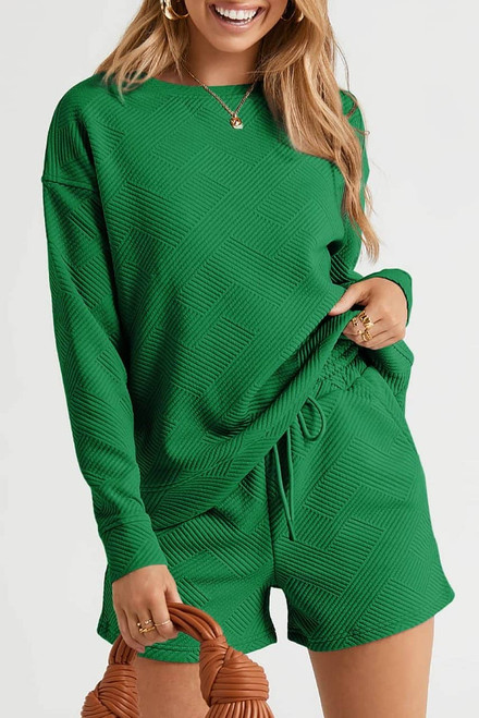 Green Textured Long Sleeve Top and Drawstring Shorts Set Green Textured Long Sleeve Top and Drawstring Shorts Set