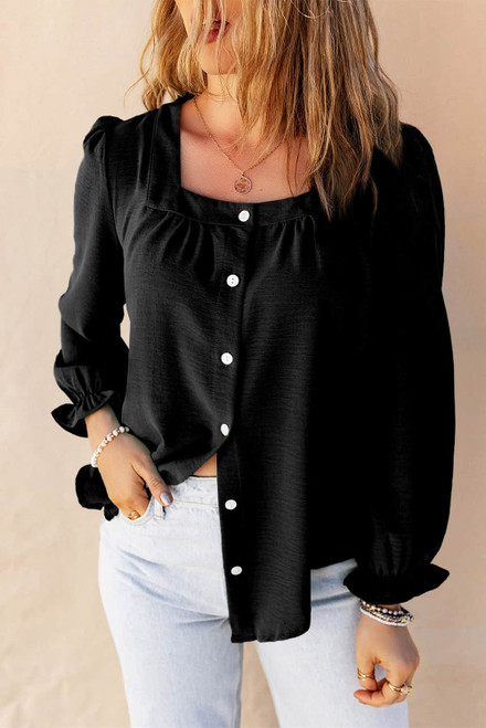 Black Flounce Sleeve Square Neck Button-Up Shirt