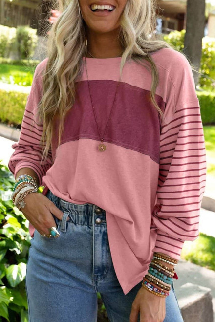 Peach Blossom Colorblock Striped Bishop Sleeve Top Peach Blossom Colorblock Striped Bishop Sleeve Top