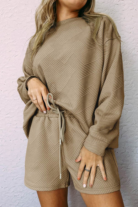 Apricot khaki Textured Long Sleeve Top and Drawstring Shorts Set