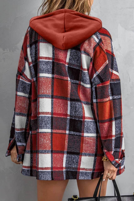 Red Hooded Plaid Button Front Shacket Red Hooded Plaid Button Front Shacket