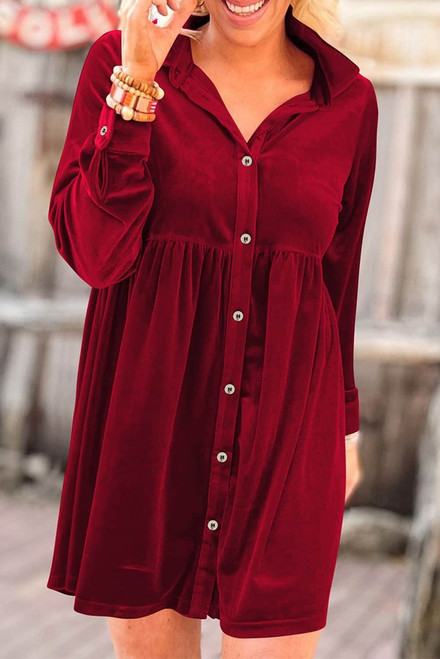 Red Long Sleeve Ruffle Velvet Button Up Dress Red Long Sleeve Ruffle Velvet Button Up Dress