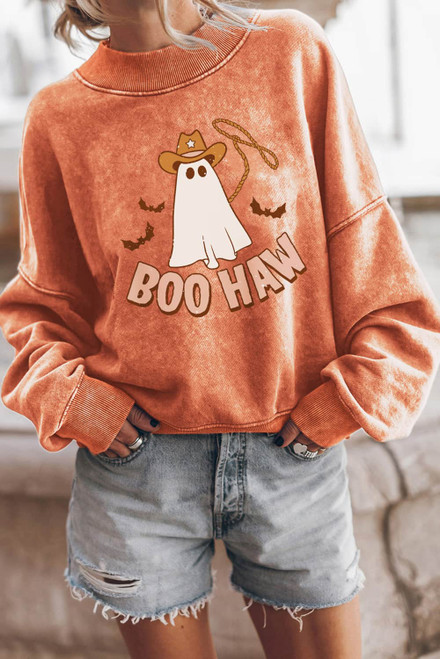Orange BOO HAW Ghost Halloween Print Drop Sleeve Sweatshirt