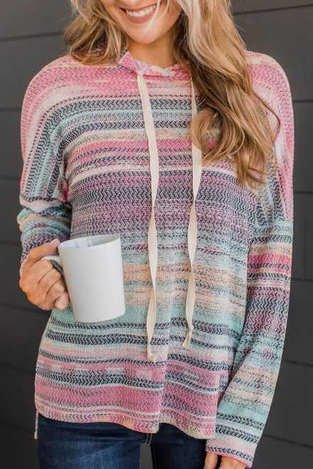 Multicolor Striped Print Cable Knit Drop Shoulder Hoodie