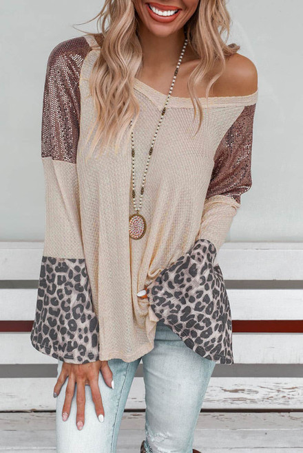 Leopard Sequin Patchwork Bell Sleeve V Neck Tunic Top