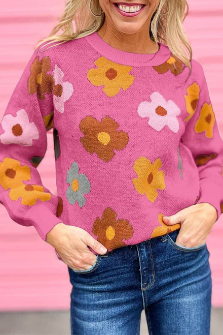 Pink Sweet Flower Knitted Ribbed Hem Sweater Pink Sweet Flower Knitted Ribbed Hem Sweater