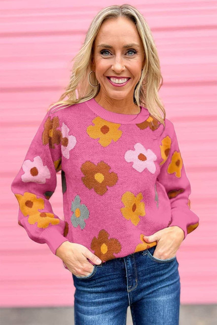 Pink Sweet Flower Knitted Ribbed Hem Sweater Pink Sweet Flower Knitted Ribbed Hem Sweater