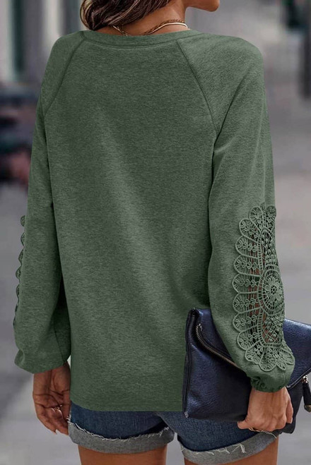 Green Crochet Lace Patch Raglan Sleeve Top