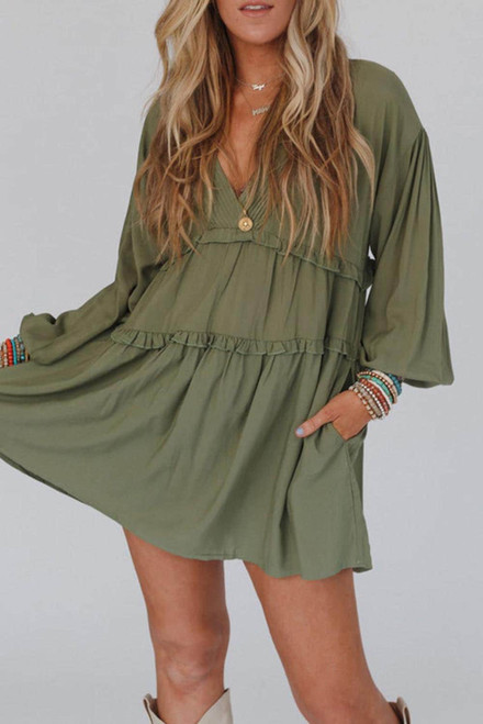 Green V Neck Puff Sleeve Frill Tiered Mini Dress