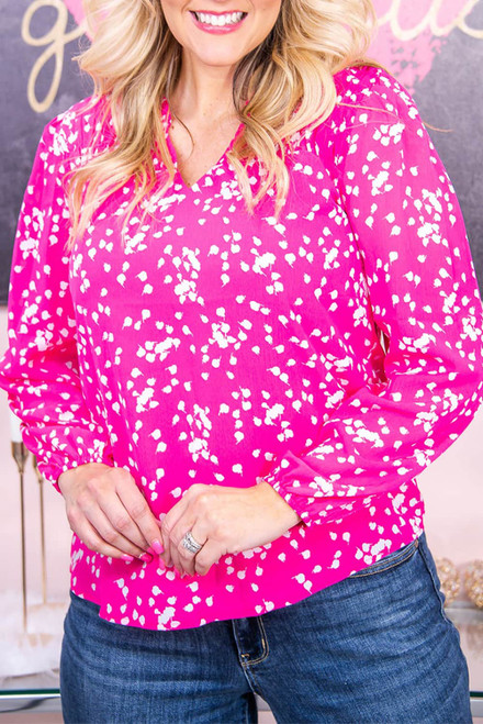 Dark Pink Plus Size Floral Print Ruched Split Neck Blouse