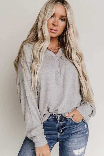 Gray Waffle Patchwork Dolman Sleeve Henley Top