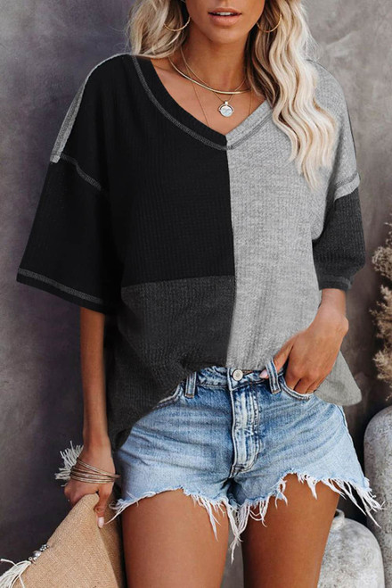 Black Waffle Colorblock Long Sleeve Oversized Top