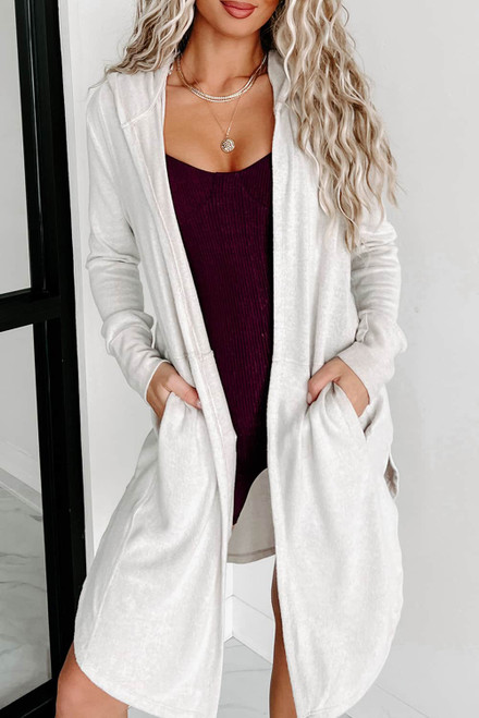 White Side Splits Open Front Hooded Cardigan