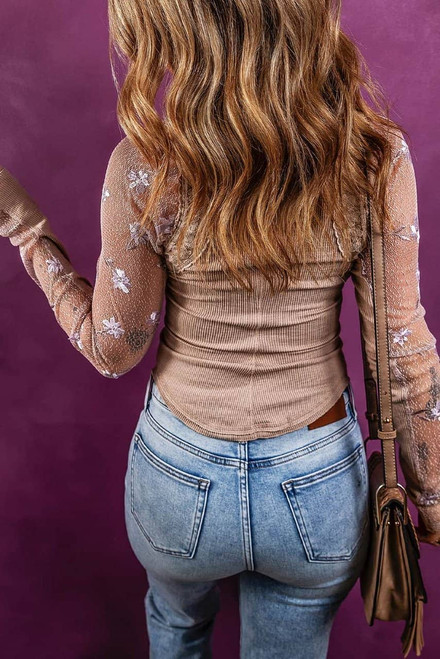 Flaxen Floral Gauze Sleeve Patchwork Ribbed Knit Top