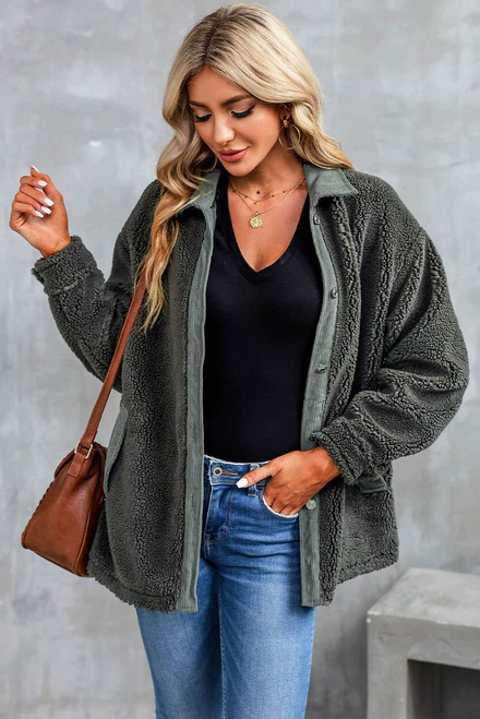 Gray Corduroy Trim Elbow Patch Sherpa Jacket Gray Corduroy Trim Elbow Patch Sherpa Jacket
