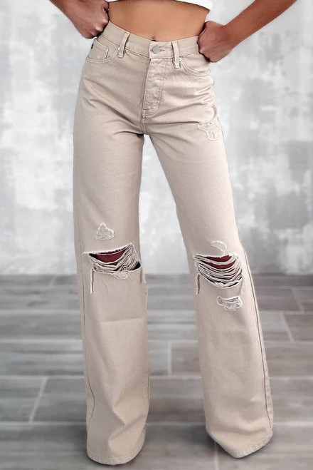 Khaki High Waist Ripped Wide-Leg Jeans Khaki High Waist Ripped Wide-Leg Jeans