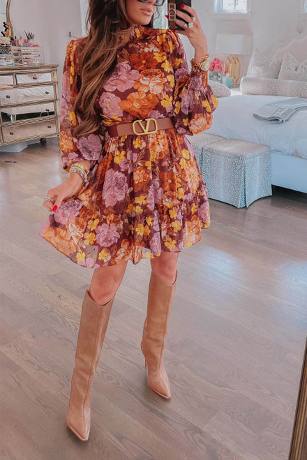 Multicolor Shirred High Neck Lace-up High Waist Floral Dress