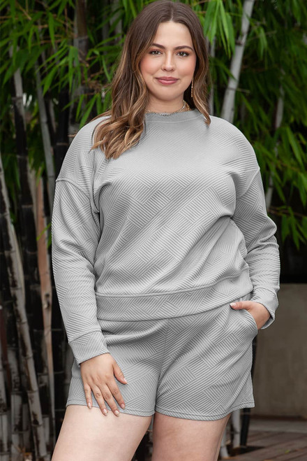 Light Grey Plus Size Textured Casual Two-Piece Pants Set