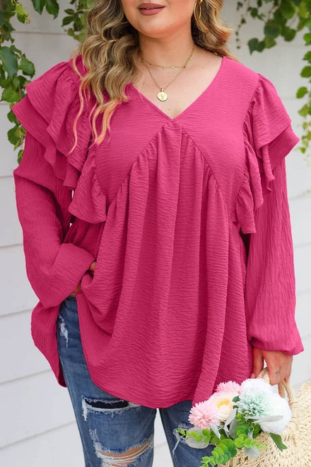 Pink Crinkle Ruffled V Neck Plus Size Blouse Pink Crinkle Ruffled V Neck Plus Size Blouse