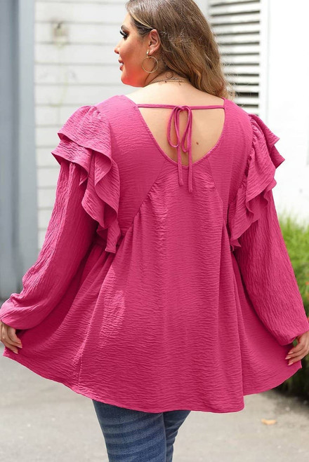 Pink Crinkle Ruffled V Neck Plus Size Blouse Pink Crinkle Ruffled V Neck Plus Size Blouse