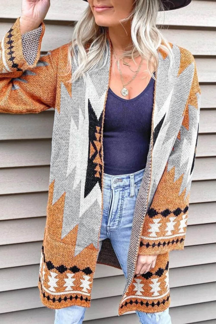 Gold Flame Aztec Graphic Open-Front Cardigan