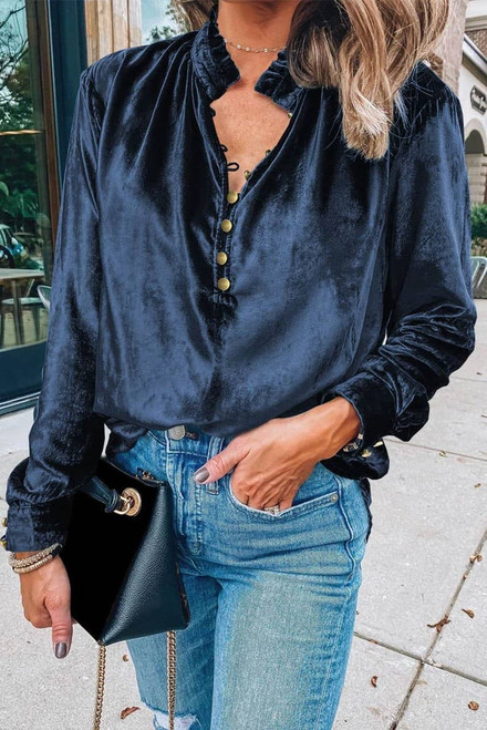 Navy Blue Frilled Neck Buttoned Front Velvet Top Navy Blue Frilled Neck Buttoned Front Velvet Top