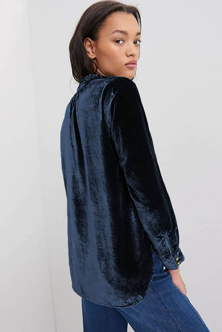 Navy Blue Frilled Neck Buttoned Front Velvet Top Navy Blue Frilled Neck Buttoned Front Velvet Top