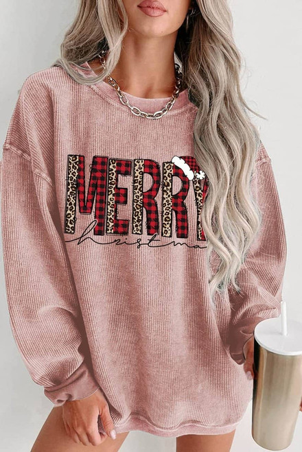 Pink MERRY Christmas Plaid Leopard Print Corded Sweatshirt Pink MERRY Christmas Plaid Leopard Print Corded Sweatshirt