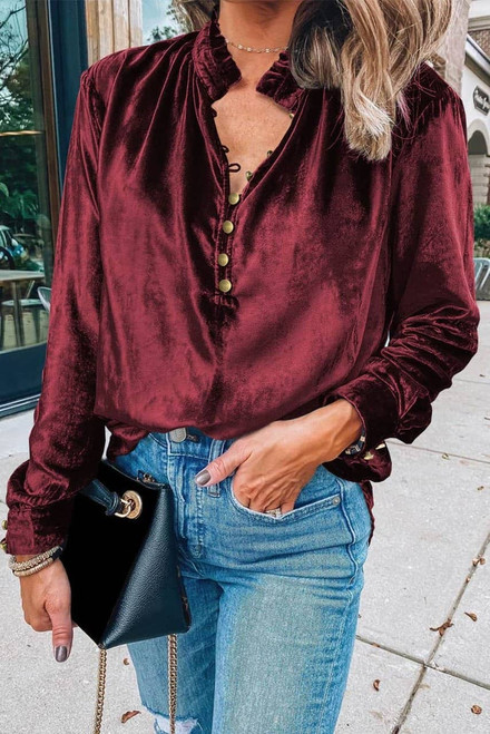 Biking Red Frilled Neck Buttoned Front Velvet Top Biking Red Frilled Neck Buttoned Front Velvet Top