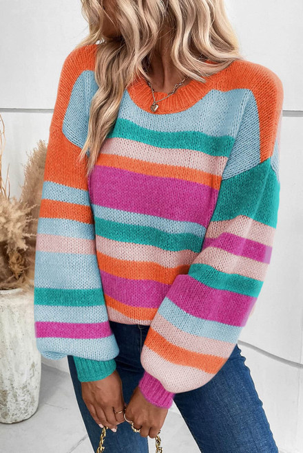 Multicolor Striped Knit Drop Shoulder Puff Sleeve Sweater