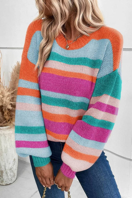 Multicolor Striped Knit Drop Shoulder Puff Sleeve Sweater Multicolor Striped Knit Drop Shoulder Puff Sleeve Sweater