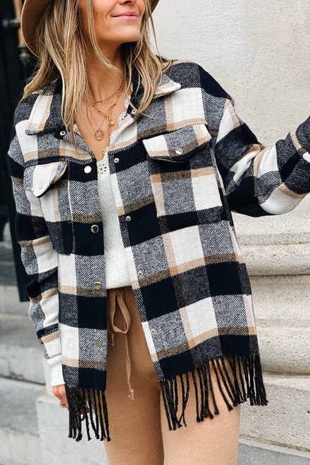 Black Plaid Snap Button Pocket Fringed Hem Jacket