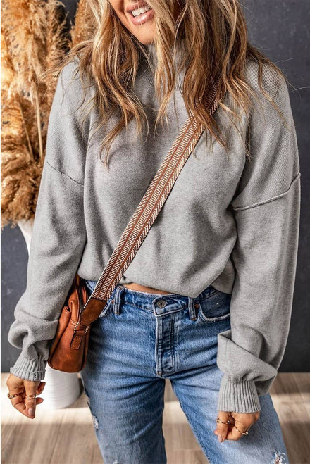 Gray Turtleneck Drop Shoulder Bubble Sleeve Knit Sweater Gray Turtleneck Drop Shoulder Bubble Sleeve Knit Sweater