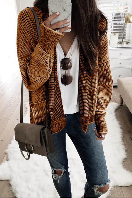 Brown Chunky Waffle Knit Oversized Collar Cardigan Brown Chunky Waffle Knit Oversized Collar Cardigan