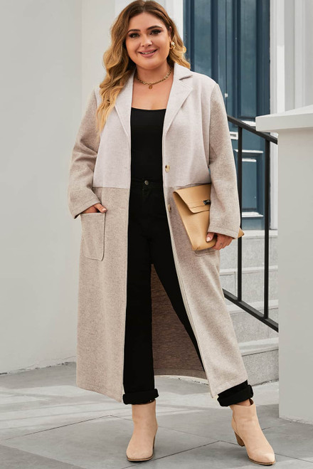 Khaki Plus Size Colorblock Lapel Collar Long Coat