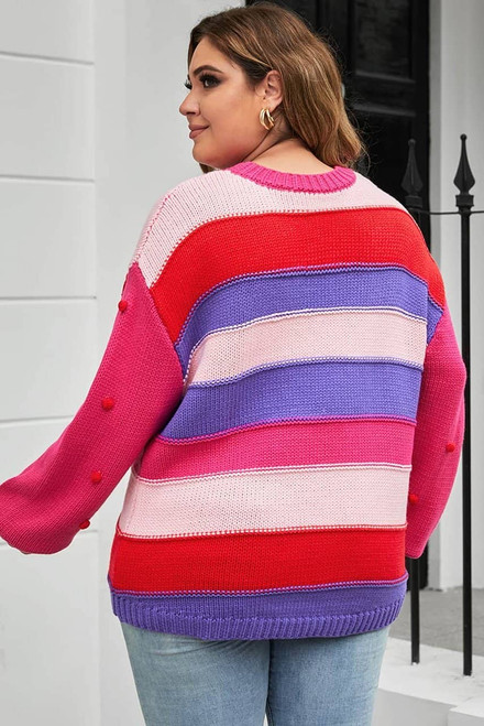 Pink Plus Size Striped Knit Pompom Puff Sleeve Sweater Pink Plus Size Striped Knit Pompom Puff Sleeve Sweater