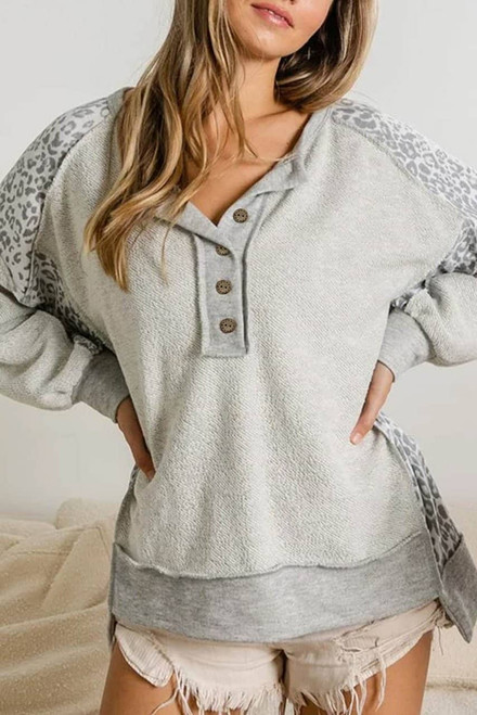 Gray Leopard Patchwork Exposed Seam Buttoned Neck Sweatshirt Gray Leopard Patchwork Exposed Seam Buttoned Neck Sweatshirt