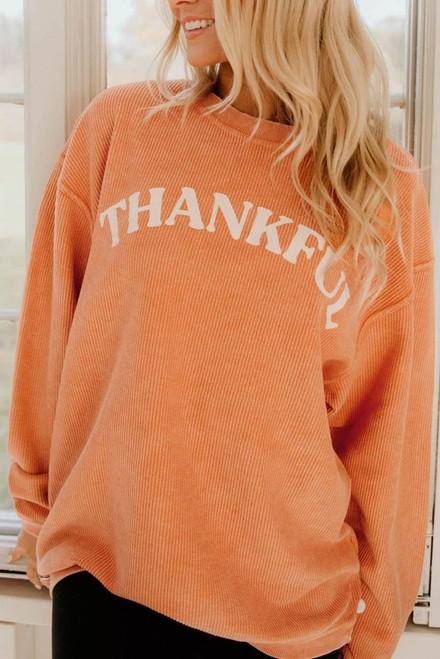Orange THANKFUL Letter Graphic Corded Sweatshirt Orange THANKFUL Letter Graphic Corded Sweatshirt
