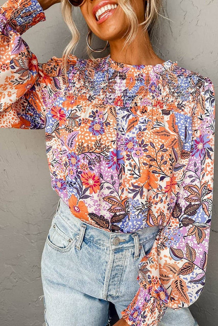 Multicolour Floral Bishop Sleeve Frilled Round Neck Blouse Multicolour Floral Bishop Sleeve Frilled Round Neck Blouse