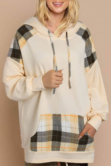 Khaki Plaid Patchwork Kangaroo Pocket Oversized Hoodie Khaki Plaid Patchwork Kangaroo Pocket Oversized Hoodie