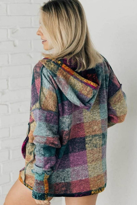 Multicolor Brushed Plaid Buttoned Pullover Oversized Hoodie Multicolor Brushed Plaid Buttoned Pullover Oversized Hoodie
