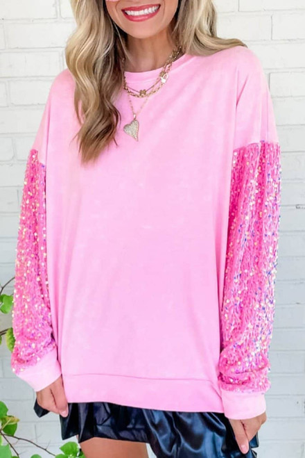Pink Sequin Patchwork Long Sleeve Pullover Top Pink Sequin Patchwork Long Sleeve Pullover Top