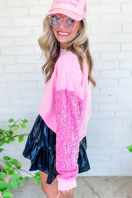 Pink Sequin Patchwork Long Sleeve Pullover Top Pink Sequin Patchwork Long Sleeve Pullover Top