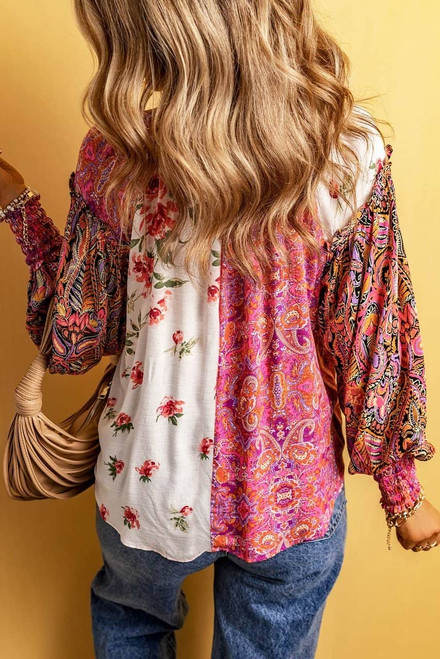 Multicolor Floral Patchwork Shirred Cuff Buttoned V Neck Blouse Multicolor Floral Patchwork Shirred Cuff Buttoned V Neck Blouse