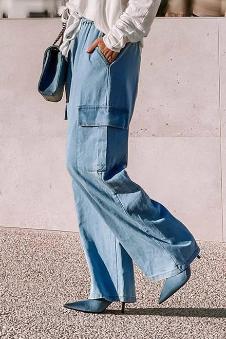 Sky Blue Drawstring High Waist Cargo Pocket Wide Leg Jeans Sky Blue Drawstring High Waist Cargo Pocket Wide Leg Jeans
