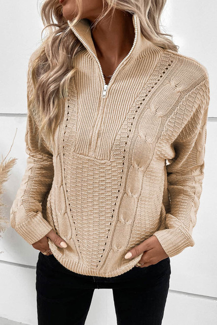 Apricot Zipped Stand Collar Cable Knit Sweater Apricot Zipped Stand Collar Cable Knit Sweater